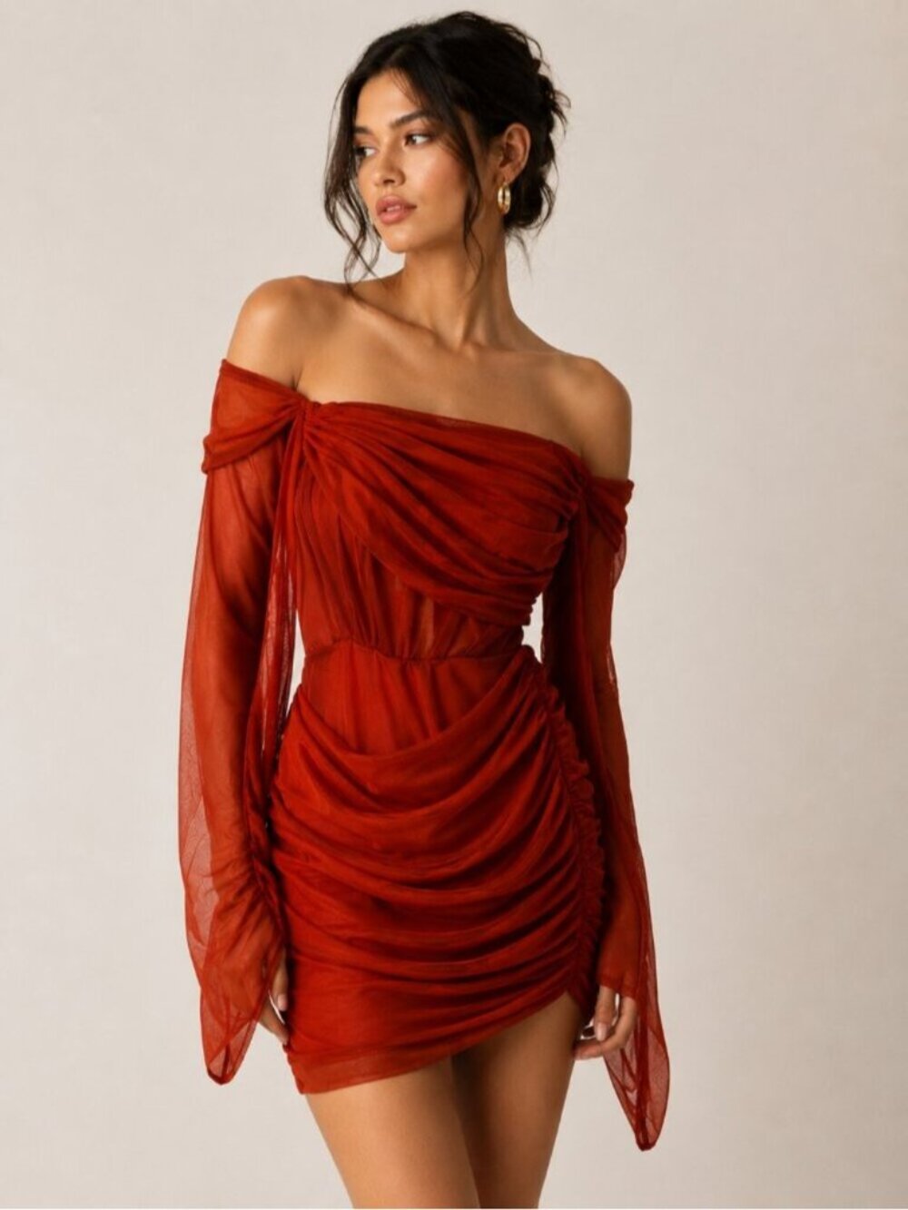 Mistress Rocks Rust Red Ruched Off Shoulder Mini Dress Size Small 0746